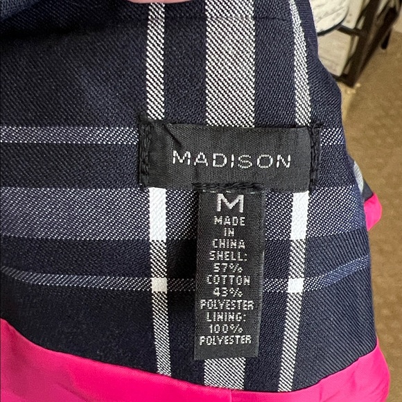 Madison Navy White Plaid Trench Coat Jacket Pink Lining - Picture 6 of 8